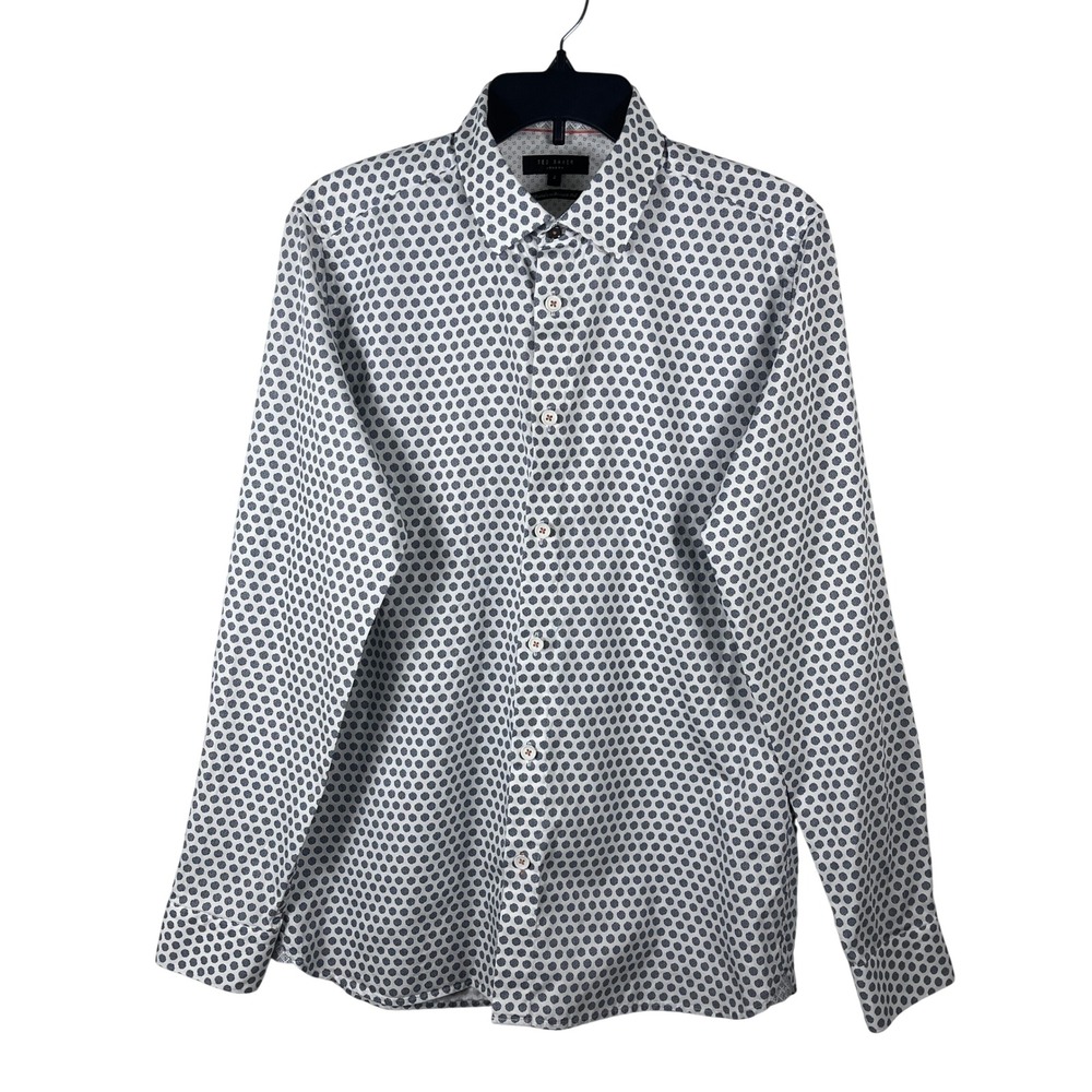 Ted Baker Men Button Down Long Sleeve Camdent Shirt 4 White Geometric Preppy